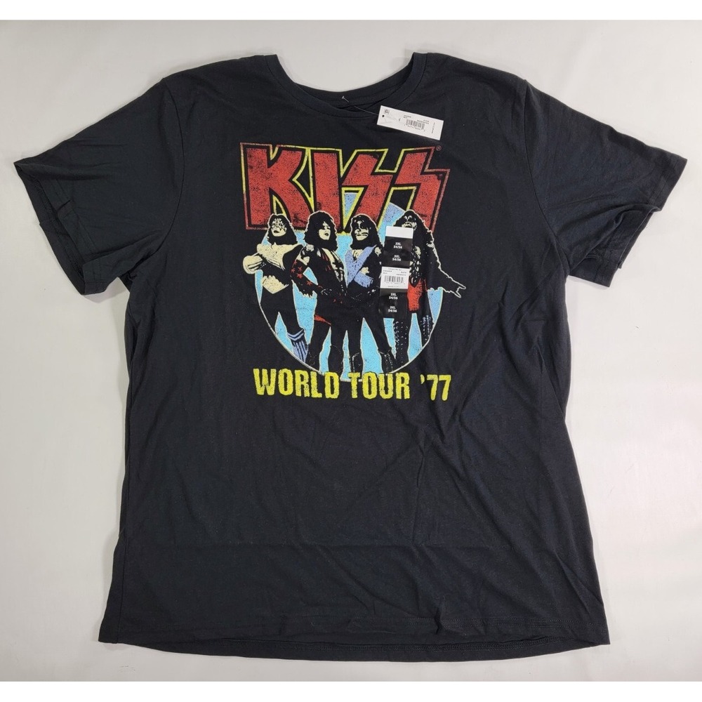Authentic Black Graphic Vintage Style KISS World Tour 77 T-Shirt Unisex Sz 3XL